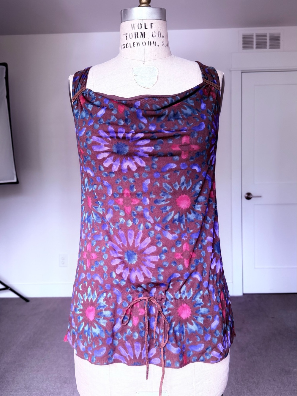DKNY Brown Floral Drawstring Cowl Neck Tank